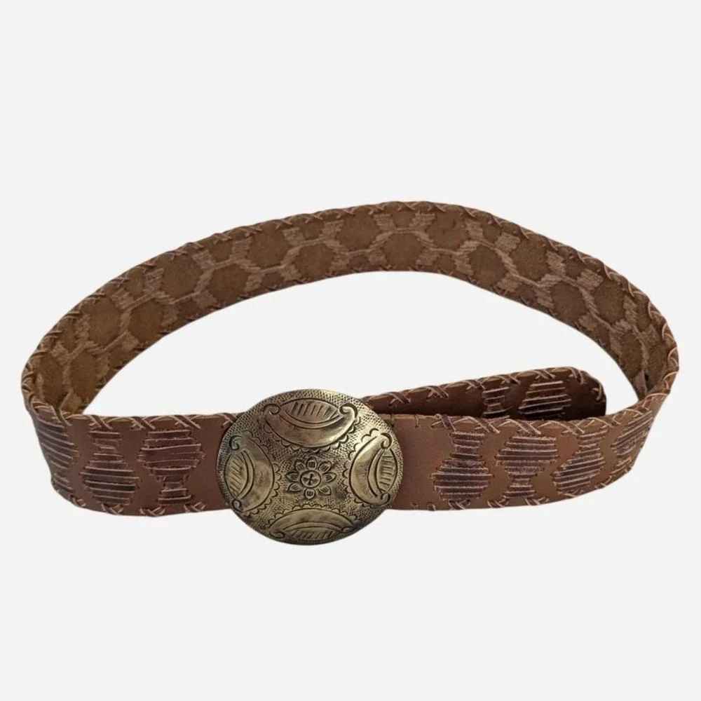 Chico's Brown Embossed Leather Belt Large Brass Concho Buckle OS - Picture 8 of 8